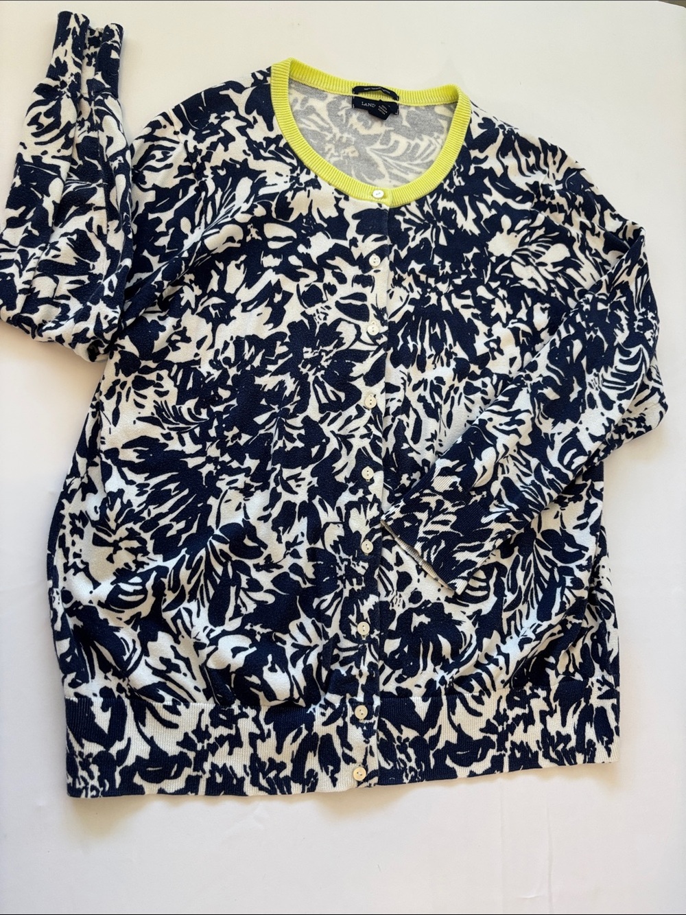 Lands' End Navy and White Floral Cardigan with Lime Trim supima cotton -434sku